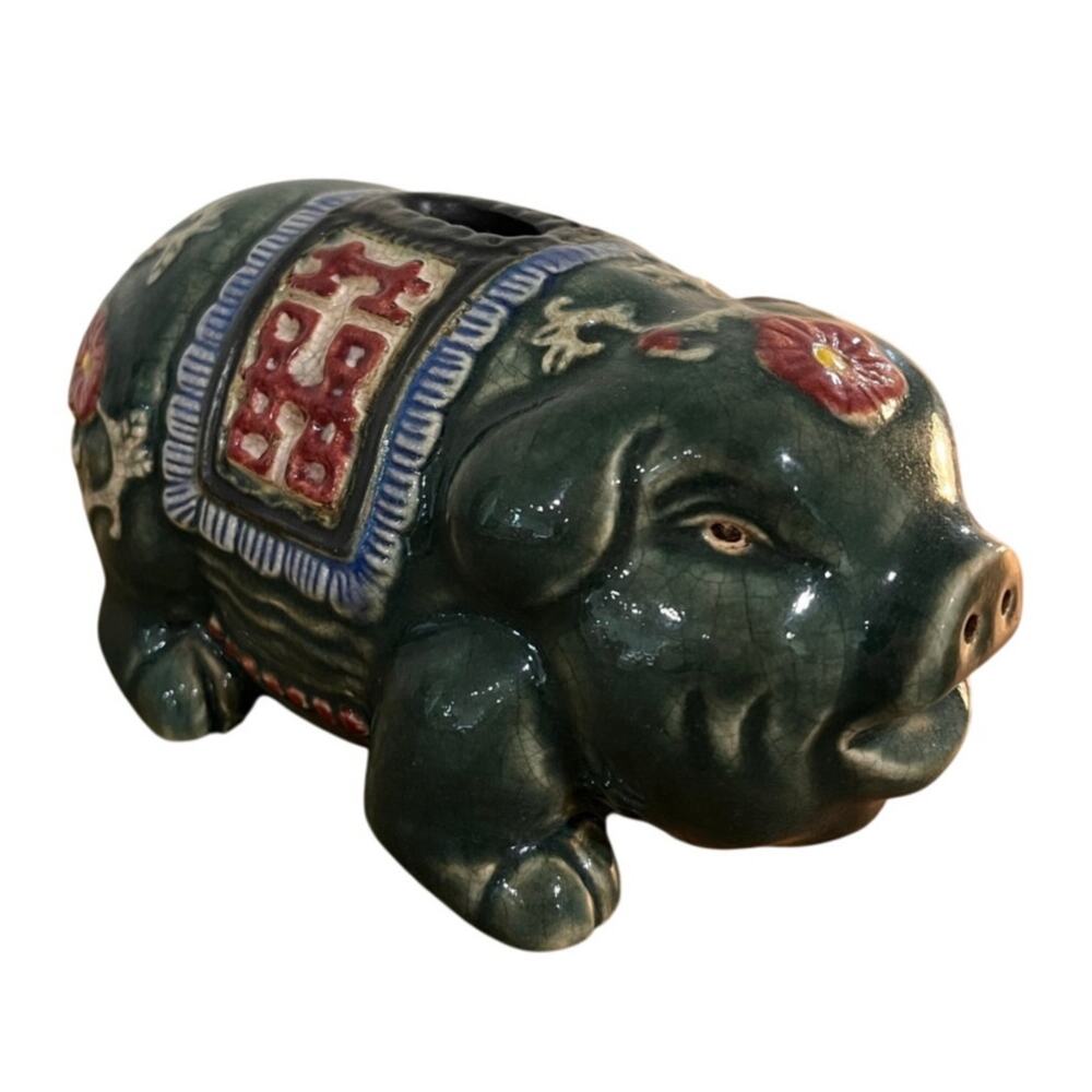 Gump’s Ceramic Piggy Bank Green Celadon Double Happiness Asian Decor